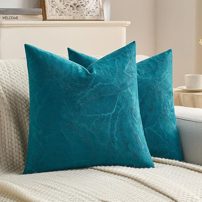 FUTEI Teal Velvet Throw Pillow Covers 16x16 Inch Set of 2,Soft Embossed Leaf-Relief Textured Cushion Cases,Natural Home Decor for Couch Living Room