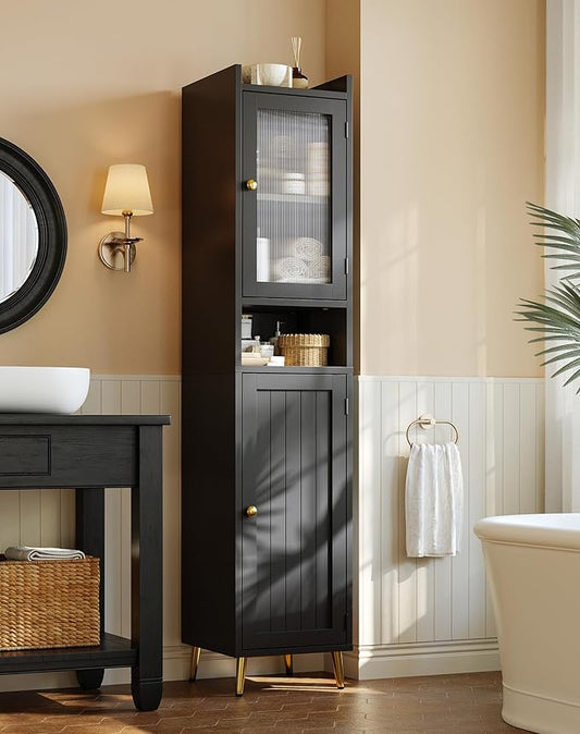Bathroom Storage Cabinet, Slim Bathroom Storage Cabinet with 6 Shelves & 2 Doors, Linen Cabinet for Bathroom, Kitchen, Laundry Room, Black