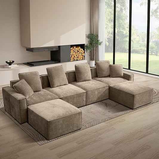 WILLOVE 141'' Modular Sectional Sofa, Chenille Cloud Couch with Wide Armrests & 6 Pillows, Deep Seat Couches for Living Room, Khaki