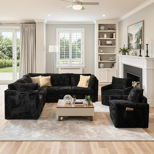 98" Modular Sofa with Swivel Chairs, Modern L Shape Cloud Sectional Couch Plush Corduroy 5 Seater Deep Seat Sofas Set & Accent Armchair Set of 2 for Living Room, Black