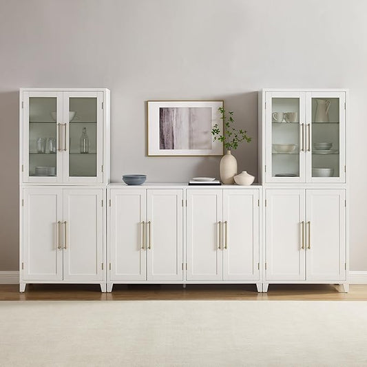 Crosley Furniture Roarke 3-Piece Modern Glass Door Sideboard Buffet Cabinet and Kitchen Storage Pantry Set, White
