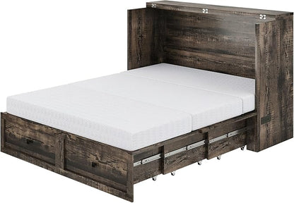 Queen Murphy Bed with 6" White Tri-Fold Memory Foam Mattress, Storage Drawer & Charging Station, Space-Saving Design for Home Office or Guest Room, Black Oak