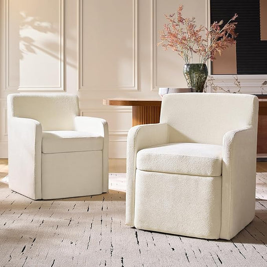 HULALA HOME Upholstered Dining Chair Set of 2 with Smooth-roling Castors, Modern Fabric Side Dining Room Chairs with Built-in Storage, Multi-Purpos Kitchen Chairs for Living Room, Beige