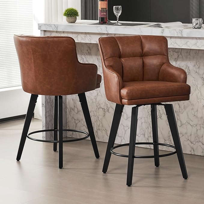 360°Swivel Counter Height Bar Stools with Back, 26 inch Solid Wood Legs, Bar Stool Modern Kitchen Island Chairs, Faux Leather (Brown- Faux Leather, 26" H- Set of 1)