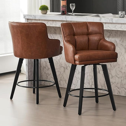 360°Swivel Counter Height Bar Stools with Back, 26 inch Solid Wood Legs, Bar Stool Modern Kitchen Island Chairs, Faux Leather (Brown- Faux Leather, 26" H- Set of 3)