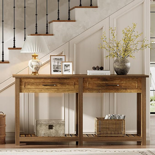 LITTLE TREE Modern Console Tables with 2 Drawers, Rustic 63 Inch Entryway Furniture, Behind Couch Table with Storage Shelf, for Living Room, Hallway, Entrance, Foyer, Rustic Brown
