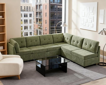 VANOMi 6 Seater Cloud Couches for Living Room, 118" Convertible Modular Cloud Sofas & Couches, Comfy Chenille Sectional Couch Sofa for Apartment, Office, Olive Green, L/U Shaped