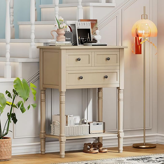 Knocbel Slim Antique Entry Console Table with 3 Drawers & Bottom Open Shelf, Solid Wood Narrow Sofa Couch Table for Entryway Hallway Living Room 23.7" W x 13" D x 31.4" H Beige