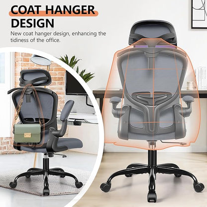 FelixKing Ergonomic Office Desk Chair with Headrest, Adjustable Lumbar Support, Height and Swivel, Comfy Task Chair with Flip-up Armrests, Ergo Mesh Backrest for Working Dark Gray