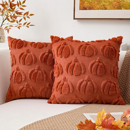 Kevin Textile Fall Pillow Covers 20x20 Inch Set of 2 Soft Pumpkins Decorative Square Pillowcases Plush Autumn Faux Fur Cushions Harvest Gift for Couch Sofa Chair Bedroom Home Decor, Rust