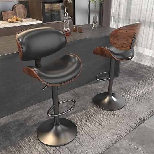 Bar Stools Set of 2, Bar Stools for Kitchen Island with Bentwood Back and Leather Seat, Swivel Barstools for Kitchen Counter, Bar, Black