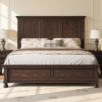 AMERLIFE Solid Wood Queen Bed Frame with 65.2" High Headboard, Traditional Platform Bed with Heavy Duty Slats, No Box Spring Needed, Easy Assembly, Dark Brown