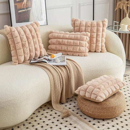 Neelvin Camel Faux Fur Cozy Soft Plaid Decorative Throw Pillow Covers 12x20 inch Set of 2,Velvet Pillowcase Cushion Case for Sofa Couch