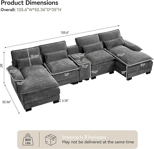 U Shaped Sectional Sofa with Storage Console, Cup Holders & USB Ports, Small Modular Cloud Couch with Deep Seats, Modern Comfy Living Room Sofa for Apartment, Chenille Grey