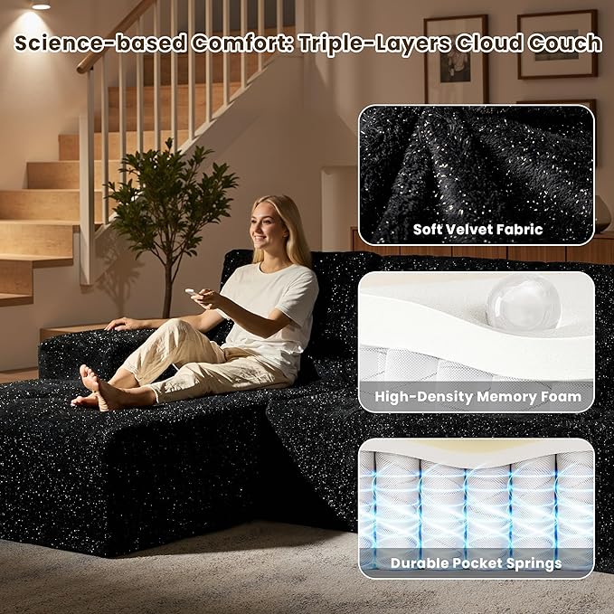 114" Glitter Cloud Sectional Couch with L-Shape Chaise & Ottoman, Modern Boneless Couches for Living Room, Fluffy Tufted Deep Seat Modular Sofa No Assembly (Black Sparkly Velvet,Left Facing)
