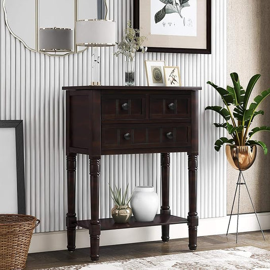 Knocbel Slim Antique Entry Console Table with Drawers & Bottom Open Shelf, Solid Wood Sofa Couch Table for Entryway Hallway Living Room (Espresso)
