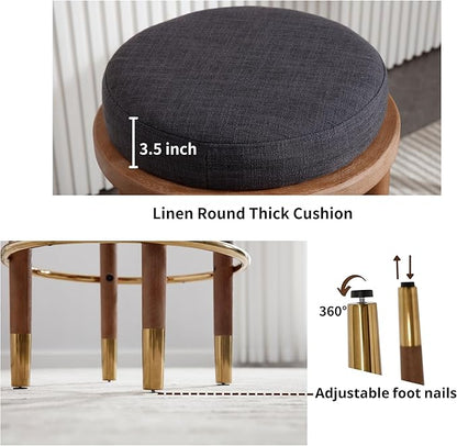 26’’ Rustic Backless Bar Stools with Hardwood Legs, Counter Height Stools Set of 4, Round Kitchen Barstools for Kitchen Island, Farmhouse Charcoal Linen Upholstered Wooden Stools with Footrest