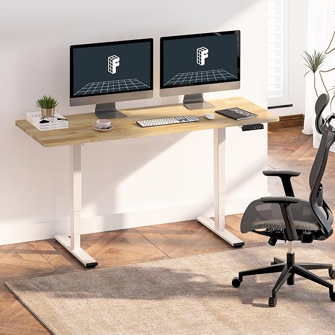 FlexiSpot E6 Solid Wood 3-Stage Dual Motor 63 x 24 Electric Standing Desk, Holds 220 lbs, Adjustable Height w/ Memory Presets, Butcher Block Rubberwood Desktop & White Frame, Ships in 2 Boxes