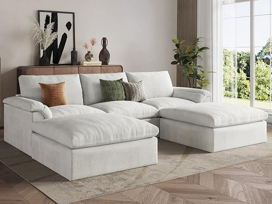 EASE MOOSE Oversized Cloud Couch Sectional Sofa, U-Shaped Modular Couch for Living Room, Minimalist Boneless Convertible Couches with Ottoman, 5-Seat Deep Sofas for Bedroom, Chenille (White)