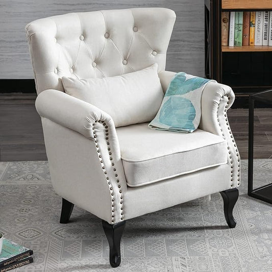 Accent Reading Arm Chairs for Living Room Bedroom, Midcentury Modern Comfy Corner Sofa Chair, Wingback Waiting Room Club Chair with Button Tufted Back &Lumbar Pillow, Linen Beige