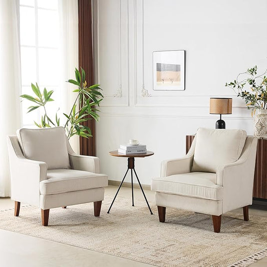 VINGLI Mid-Century Modern Accent Chairs Set of 2, Beige Upholstered Armchair Comfy Sofa Chairs Reading Chair High Back for Living Room Bedroom Furniture Apartment
