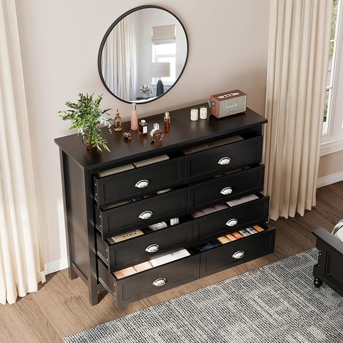 Black Dresser for Bedroom, Farmhouse 8 Drawer Double Dresser with Vintage Antique Handles, Modern Tall Dressers and Chest of Drawers for Bedroom
