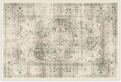 RUGGABLE Washable Vintage Area Rug – Sarrah Sage 2x3, Stain-Resistant, Non-Slip – Small Machine Washable Rugs for Living Room, Bedroom, Hallway, Entryway & Bathroom–with Standard Pad