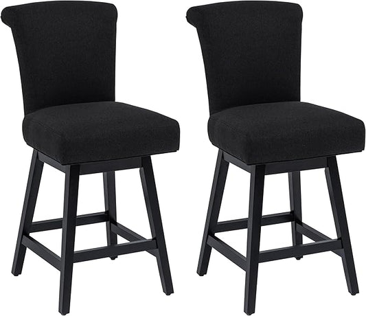 Bar Stools Set of 2, 26 Inch Upholstered Barstools with 15.7" High Back and Footrest, Swivel Counter Height Barstools for Kitchen Island Home Bar Performance Fabric Black