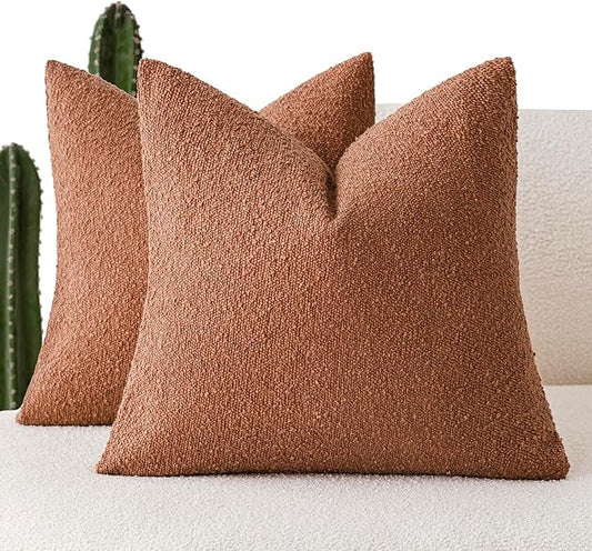 Foindtower Set of 2, Decorative Textured Boucle Throw Pillow Covers Accent Solid Pillow Cases Neutral Couch Cushion Case for Chair Sofa Bedroom Living Room Home Decor 16x16 Inch Burnt Orange Hazel