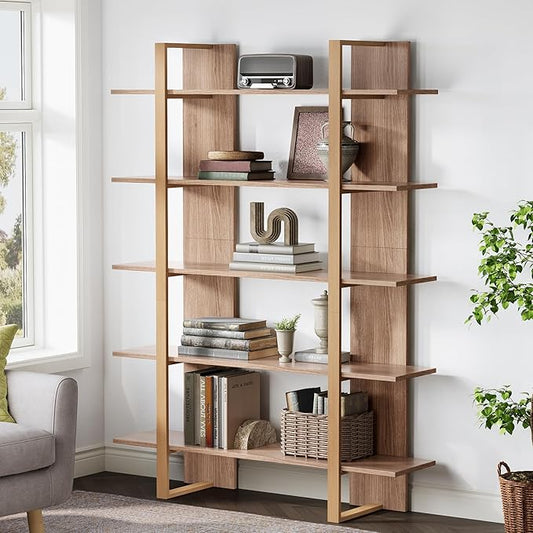 Tribesigns 5-Tier 47 Inches Bookshelf Bookcase, Boho Open Bookshelves Etagere Display Office Shelving Unit, for Living Room, Office & Bedroom, Metal & Wood, Retro Dark Brown