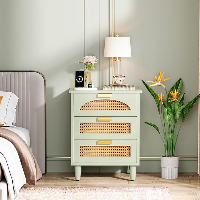 Tribesigns Mint Green Nightstand, 3-Drawer Rattan Night Stand Side Table, Accent Bedside Tables End Table for Bedroom and Small Spaces, Easy Assembly (1, Green)