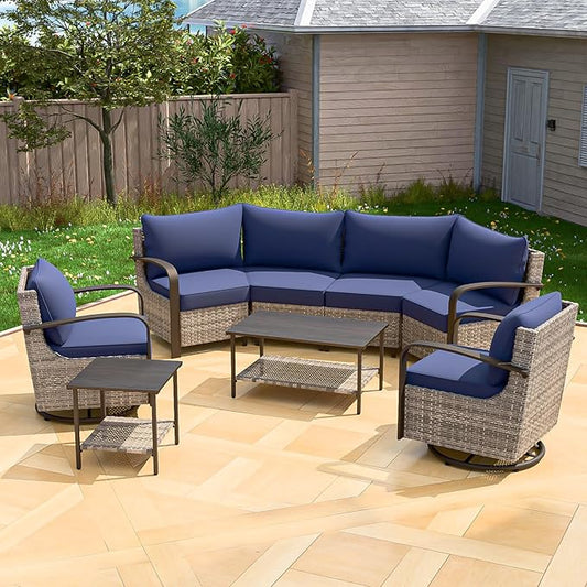 COOS BAY Aurora Terrace Half-Moon Outdoor Furniture Set, Rattan Conversation Set with Swivel Rockers, Curved 4-Seat Sofa, Coffee Table & Side Table, Seats 6, Beige/Blue