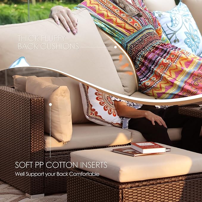 NICESOUL 9 Piece Modern Extra-Large Outdoor Patio Sectionals with Fire Pit Table Natural Gas & Propane, 29.3'' High Back Comfortable Conversations for Outside, Deep Seating Modular Sofa Couches, Tan