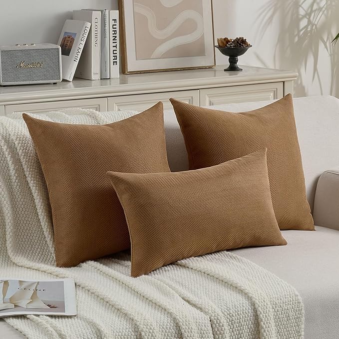 FUTEI Rust Chenille Throw Pillow Covers 22x22 Inch Set of 2,Soft Wide Chevron Textured Cushion Case,Farmhouse Home Decor for Couch Bed Living Room