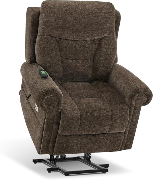 MCombo Triple Motor Power Lift Recliner Chair with Massage and Lumbar&seat Heating, Rolled Arms, Adjustable Headrest for Elderly People, Fabric 7888 (Coffee, Medium)