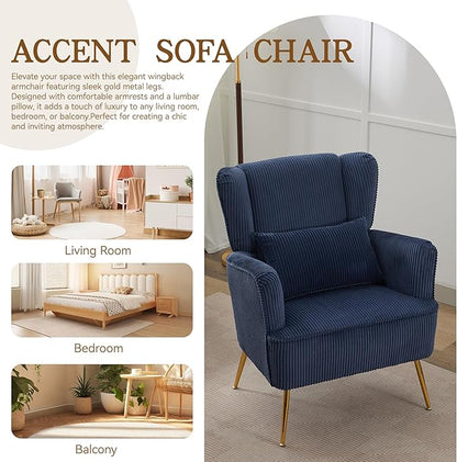 Corduroy Accent Living Room Arm Chair Set of 2 Mid Century Modern Chairs with Pillow & Golden Legs, 8.5" Thick Cushion, Upholstered Comfy Sofa Armchair for Reading Room/Bedroom, Blue