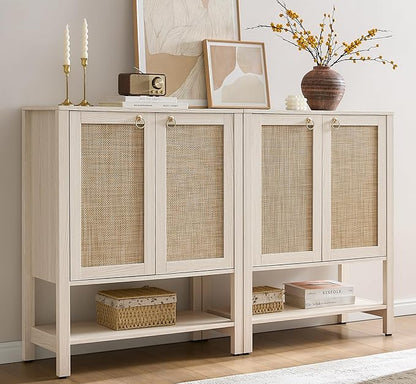 SICOTAS Shoe Storage Cabinet for Entryway - 5 Tier Rattan Entry Shoe Organizer Cabinet with Shelves & Doors, 2 Pieces Farmhouse Boho Shoe Rack for Hallway, Living Room, Closet (White Cream Oak)