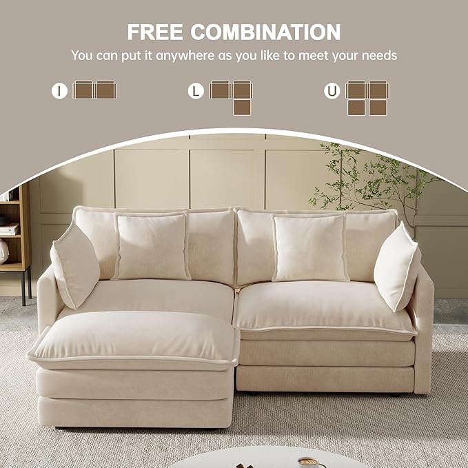Modular Sectional Sofa, 76.7 Inch L-Shaped Cloud Sofa with Deep Seat Comfortable Chenille Sofa with Cushion Double Sectional Sofa for Living Room Apartment,Light Coffee