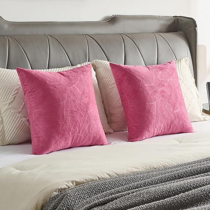 FUTEI Hot Pink Velvet Throw Pillow Covers 16x16 Inch Set of 2,Soft Embossed Leaf-Relief Textured Cushion Cases,Natural Home Decor for Couch Living Room