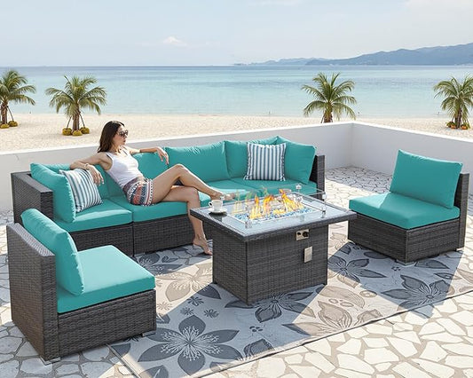 NICESOUL 7 Piece Large Modern Patio Furniture Set with Propane/Gas Firepit Table, 29.3'' High Back Comfy Wicker Sectional Sofa Couches with Fire Pit, Outdoor Deep Conversation, Fade-Proof, Turquoise