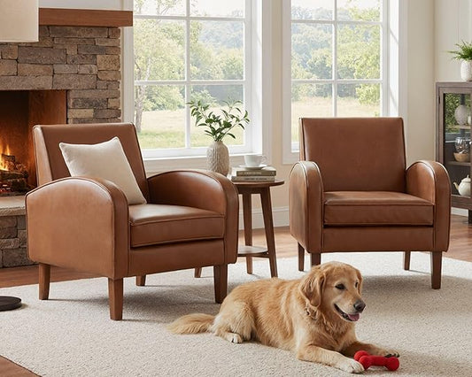 Brown Faux Leather Accent Chairs Set of 2, Mid Century Modern Upholstered Arm Chairs with Wooden Legs, Comfy Reception Office Club Reading Side Lounge Chair for Living Room Bedroom