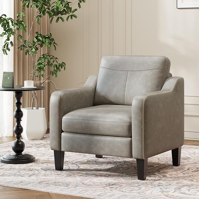 PU Leather Accent Chair, Mid-Century Modern Living Room Armchair Sofa with Removable Cushions, Solid Wood Frame & Stitched Armrest Design, Bedroom Chair with Plastic Legs, Grey