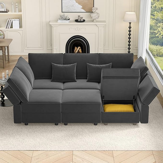 Vesgantti Sectional Sleeper Sofas with Storage, 92" Sofa Bed with 6 Seats Storage Chaises Removeble Cover, Deep Seat Modular Couches Velvet Couch Set for Living Room, Apartment, Home Theatre, Gray