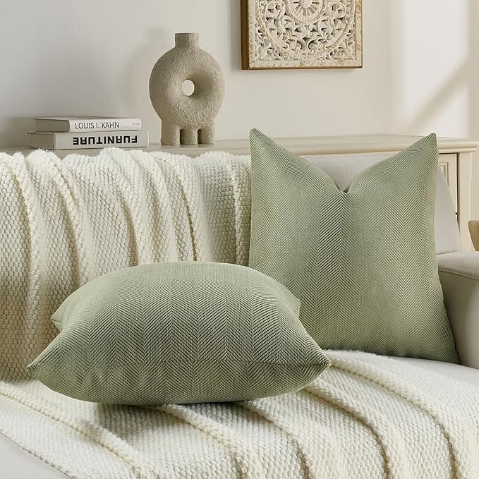 FUTEI Sage Green Chenille Throw Pillow Covers 18x18 Inch Set of 2,Soft Wide Chevron Textured Cushion Case,Farmhouse Home Decor for Couch Bed Living Room