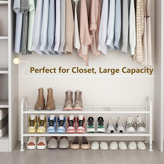 LINZINAR Shoe Rack Long 2 Tier Shoe Storage Organizer Metal Wide Shoe Shelf for Closet Entryway Bedroom 18 Paris Large Capacity, White