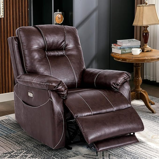 Power Recliner Chair with Heat and Massage, Electric Leather Recliner Chair for Adults with Extended Footrest, USB Port & Side Pockets, Faux Leather Massage Chair for Living Room (Brown)