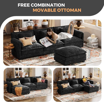 ELUCHANG 113" Modular Sectional Sofa, Comfy Cloud Couch Deep Seat Sofa Couches for Living Room, Modern Sofa with Movable Ottoman and Throw Pillows, DIY Combination - Chenille Black