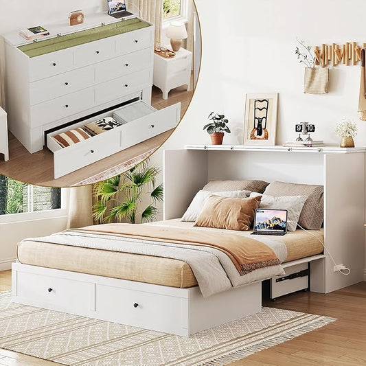 Queen Murphy Bed with Storage & Charging Station, Murphy Cabinet with Foldable Panel, Noisy Free, for Guest Bedroom, Living Room, Office, Distressed White