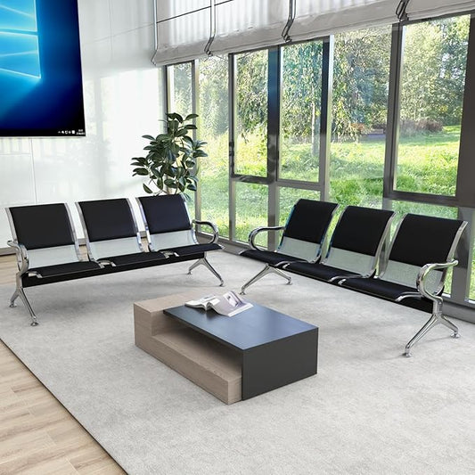 Kinsuite 2pcs 3-Seat Waiting Room Bench - PU Leather Waiting Room Chairs with Arms, Reception Chairs Guest Chair for Office Airport Bank Salon, Black