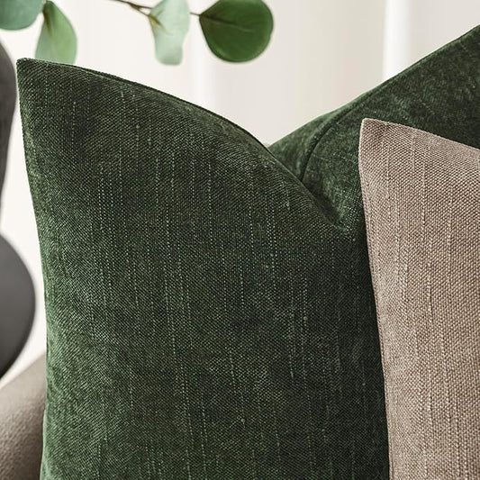 Foindtower Pack of 2 Soft Textured Chenille Throw Decorative Pillow Covers Square Accent Solid Cushion Cover Neutral Farmhouse Pillow Case for Couch Sofa Bedroom Living Room 16x16 Inch,Dark Green